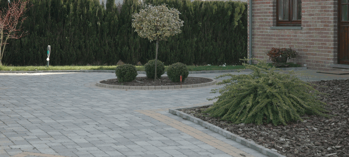 Une cour pavée en béton avec un espace jardin au centre